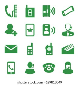 Contact icons set. set of 16 contact filled icons such as poker on phone, mail, customer support, desk phone, add friend, letter, intercom, help support, call, walkie talkie