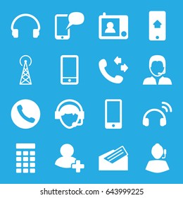 Contact icons set. set of 16 contact filled icons such as signal tower, call, phone, headset, add friend, operator, support, letter, intercom, home on phone display