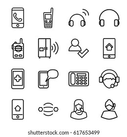 Contact icons set. set of 16 contact outline icons such as desk phone, customer support, headset, old phone, operator, home on phone display, intercom, walkie talkie, add user