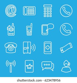 Contact icons set. set of 16 contact outline icons such as signal tower, call, Poker on phone, desk phone, old phone, intercom, chat, walkie talkie, at mail