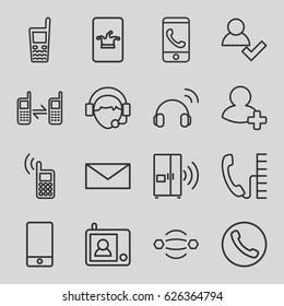 Contact icons set. set of 16 contact outline icons such as Poker on phone, mail, phone, add friend, operator, intercom, headset, add user, atom interaction