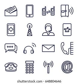 Contact icons set. set of 16 contact outline icons such as signal tower, desk phone, poker on phone, mail, connected phone, support, letter, intercom, chat, headset