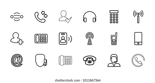 Contact icons. set of 18 editable outline contact icons: signal tower, desk phone, call, support, atom interaction, phone, headset, old phone, add friend, at mail, intercom