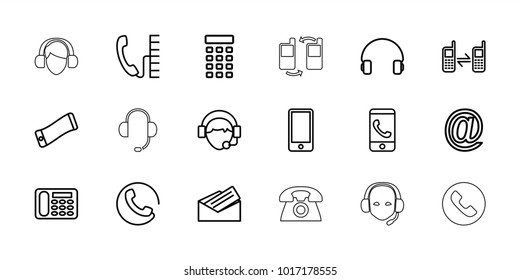 Contact icons. set of 18 editable outline contact icons: call, desk phone, phone call, headset, operator, at mail, letter, intercom