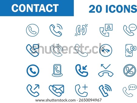 Contact Icons Set. 20 Contact and Communication Line Icons. Phone, Message, Support. Business Contact Icons. Customer Service, Support, Call Center, Phone Symbols. Vector flat line icon set.