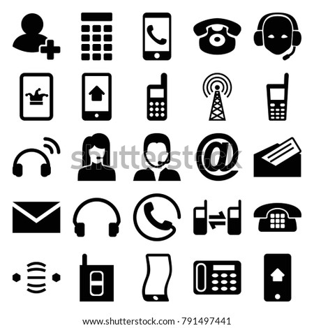 Contact icons. set of 25 editable filled contact icons such as call, poker on phone, mail, desk phone, headset, add friend, at mail, support, letter, intercom, signal tower