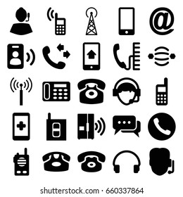 Contact icons set. set of 25 contact filled icons such as signal tower, desk phone, call, headset, operator, phone, home on phone display, intercom, chat, walkie talkie