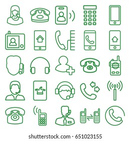 Contact icons set. set of 25 contact outline icons such as signal tower, call, desk phone, poker on phone, customer support, headset, add friend, operator, support, intercom