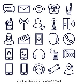 Contact icons set. set of 25 contact outline icons such as signal tower, mail, desk phone, customer support, phone, headset, old phone, add friend, operator, letter, intercom