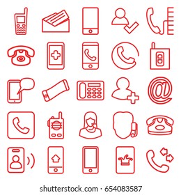 Contact icons set. set of 25 contact outline icons such as call, desk phone, poker on phone, customer support, phone, add friend, letter, intercom, walkie talkie, add user