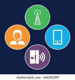 Contact icons set. set of 4 contact filled icons such as signal tower, phone, support