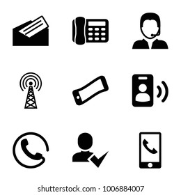 Contact icons. set of 9 editable filled contact icons such as call, wavy phone, support, letter, signal tower, desk phone, add user