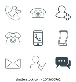 Contact icons. set of 9 editable outline contact icons such as chat, phone call, add friend, mail, call, add user, wavy phone