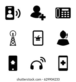 Contact icons set. set of 9 contact filled icons such as signal tower, poker on phone, desk phone, add friend, home on phone display, headset, call, support