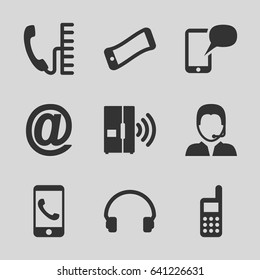 Contact icons set. set of 9 contact filled icons such as headset, support, phone, intercom, message on phone