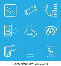 Contact icons set. set of 9 contact outline icons such as phone, add friend, call