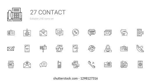 contact icons set. Collection of contact with card, telephone, chat, cellphone, email, smartphone, mailbox, message, speech bubble, phone call. Editable and scalable contact icons.