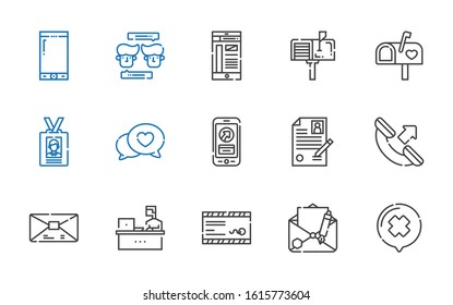 contact icons set. Collection of contact with chat, email, mail, working, phone call, curriculum, smartphone, id card, mailbox. Editable and scalable contact icons.