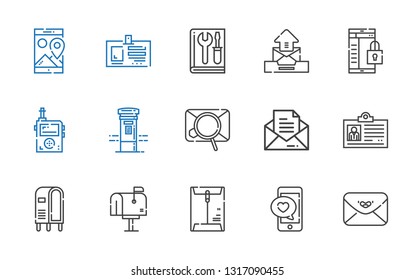 contact icons set. Collection of contact with envelope, smartphone, mailbox, letterbox, id card, message, email, walkie talkie, manual. Editable and scalable contact icons.