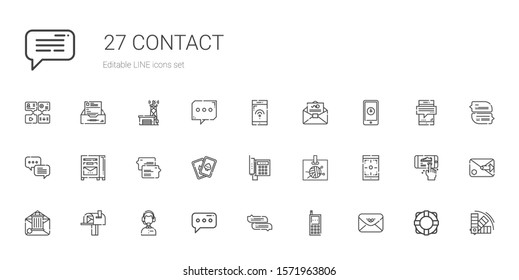 contact icons set. Collection of contact with envelope, cellphone, chat, message, customer service, mailbox, email, smartphone, id card, telephone. Editable and scalable contact icons.