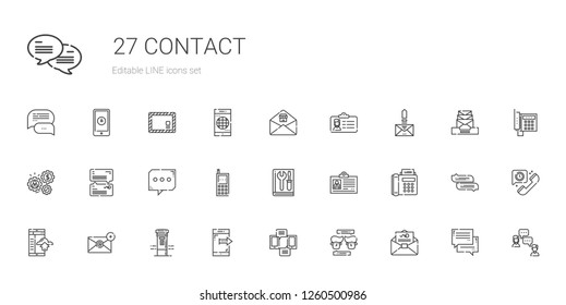 contact icons set. Collection of contact with mail, chat, smartphone, mailbox, email, fax, id card, manual, cellphone, working, telephone. Editable and scalable contact icons.