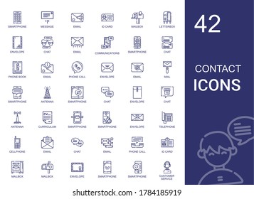 contact icons set. Collection of contact with smartphone, message, email, id card, mailbox, letterbox, envelope, chat, communications, phone book. Editable and scalable contact icons.