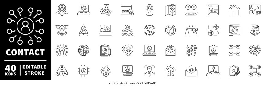 Conjunto de iconos de contacto con iconos de línea editables. lineal, comunicación, símbolos del teléfono