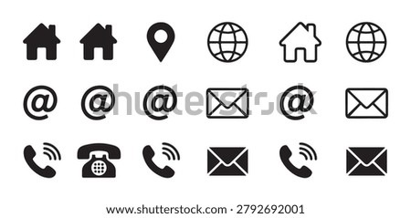 Contact icons set, house address, map pin, globe, email envelope, at symbol, phone receiver, graphic elements.