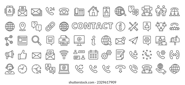 Contact icons set in line design. Phone, Email, Message, Call, Chat, Suppor, Communication  vector, Customer service, Contact formillustrations. Contact icons vector editable stroke.