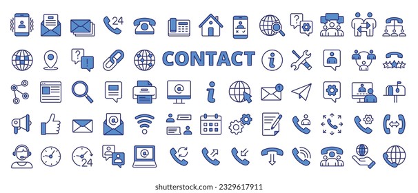 Contact icons set in line design blue. Phone, Email, Message, Call, Chat, Suppor, Communication  vector, Customer service, Contact formillustrations. Contact icons vector editable stroke.