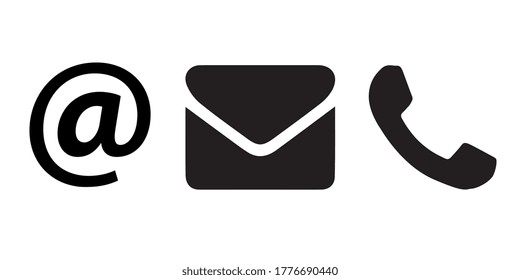 Contact icons in set on white background. Retro phone, mail and at symbol Simple contact signs in flat style. Vector illustration. Eps 10 vector file.