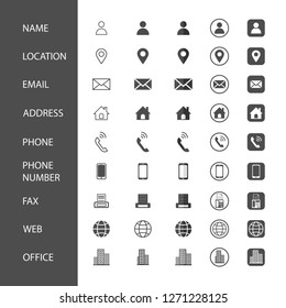 Contact Icons. Set Simple Vector Icon Business For Information. Symbol Set Illustration Flat Design, Name, Location, Email, Address, Phone, Phone Number, Fax, Web, Office.