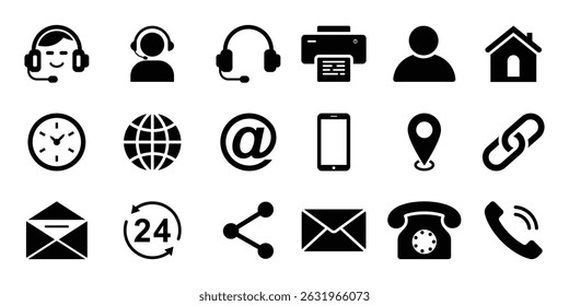 Ícones de contato definidos. símbolos - Telefone, correio, informações, e-mail, suporte, celular