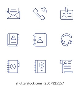 Contact icons set. Thin Line style, editable stroke. contact book, phonebook, contact, contact list, invitation, headphone, cv, id card.