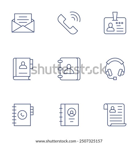 Contact icons set. Thin Line style, editable stroke. contact book, phonebook, contact, contact list, invitation, headphone, cv, id card.