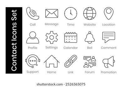 Contact Icons Set or Contact Us Icon Vector Set in Line Style Example Phone Call, Message, Website, Support,  Location etc.