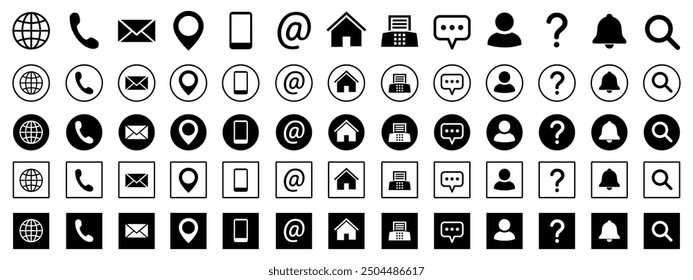 Contact icons set, contact us. Web icons set email, phone, web, location, home, address, faq, information, support, search icon collection, communication contact