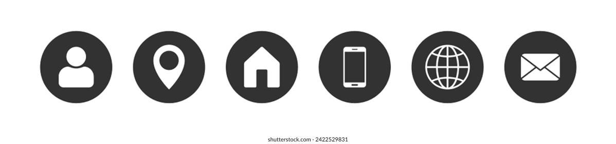Conjunto de iconos de contacto. Usuario, perfil, ubicación, hogar, móvil, dirección, llamada, mensaje, correo, señalización del sitio web. Información de comunicación.