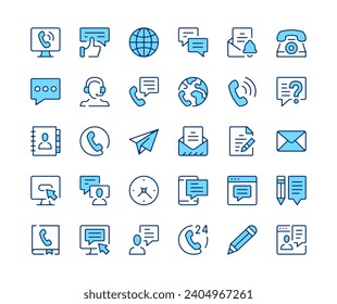 Contact icons set. Vector line icons. Blue color outline stroke symbols. Modern concepts