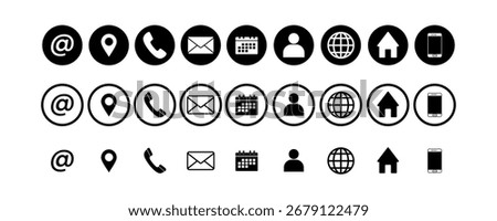 Contact icons set for web design. Includes email, location, phone, calendar, user, globe, home, and mobile symbols. Perfect for modern business websites and apps.