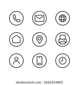 Contact icons. Contact sign vector set. Telephone number symbol. Email logo. Mail envelope sign. Location address line icon set in circles. Contact us icon minimalistic set.