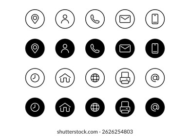 Contact icons. Contact sign vector set. Telephone number symbol. Email logo. Mail envelope sign. Location address line icon set in circles. Contact us icon minimalistic set.