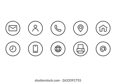 Contact icons. Contact sign vector set. Telephone number symbol. Email logo. Mail envelope sign. Location address line icon set in circles. Contact us icon minimalistic set.