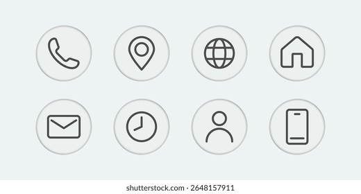 Contact icons. Contact sign vector set. Telephone number symbol. Email logo. Mail envelope sign. Location address liquid glass line icon set. Contact us liquid glass button icon minimalistic set.