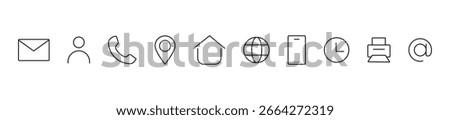 Contact icons. Contact sign vector set. Telephone number symbol. Email logo. Mail envelope sign. Location address line icon set. Contact us Editable line icon set.