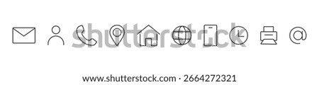Contact icons. Contact sign vector set. Telephone number symbol. Email logo. Mail envelope sign. Location address line icon set. Contact us Editable line icon set.