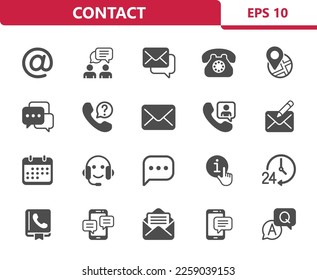 Contact Icons. Contact us, communication, social media vector icon set. Professional, pixel perfect icons.