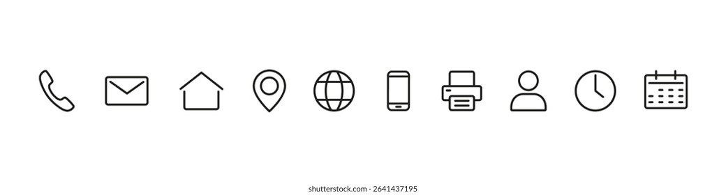 Contact icons, contact us in line style. Web icons set address, location, number, fax, email, phone, website, message, name, information icon collection, communication contact