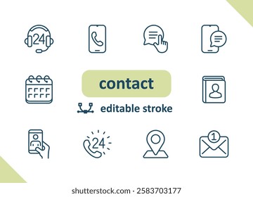 Contact icons. Contact us, social media, message, communication vector icon set
