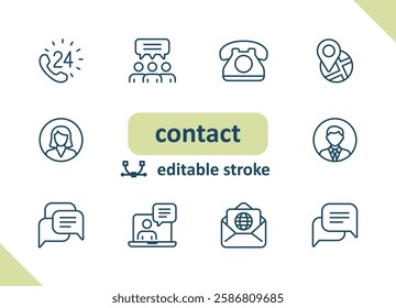 Contact icons. Contact us, social media, message, communication vector icon set